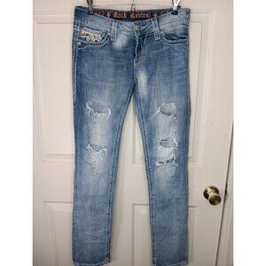 ROCK REVIVAL Jeans Women Sz 29 Blue 32" Inseam Jacklyn Cuff Straight Distressed